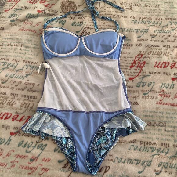 Ralph Lauren Blue Paisley Underwire One Piece Swimsuit Size 16 Captiva Bandeau - Picture 11 of 11